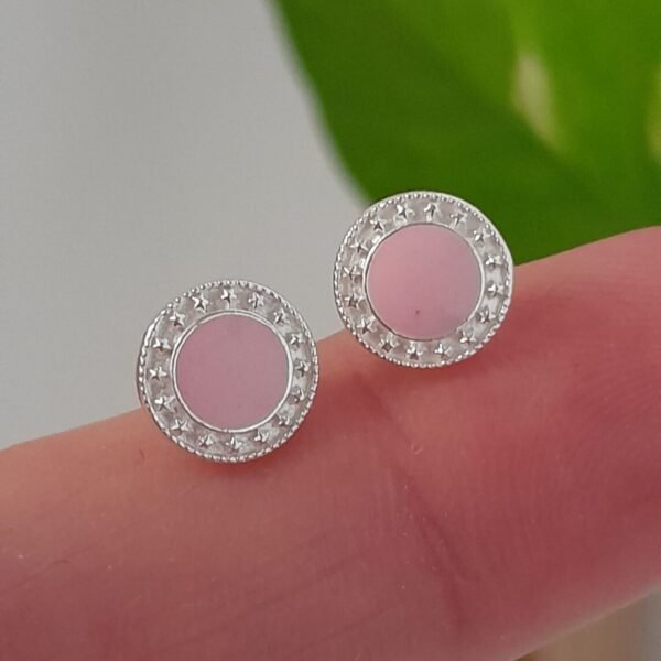 Aros Abridores Esmaltado circular rosa con estrellas – Plata 925