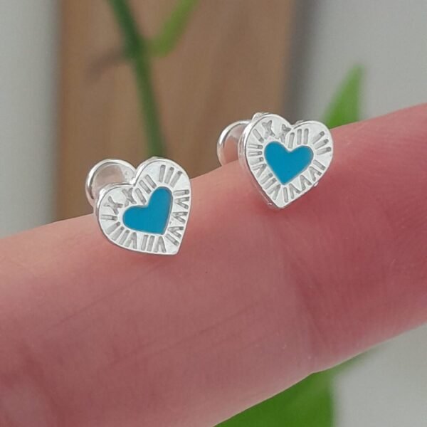 Aros Abridores Esmaltado Corazón números romanos Celeste – Plata 925