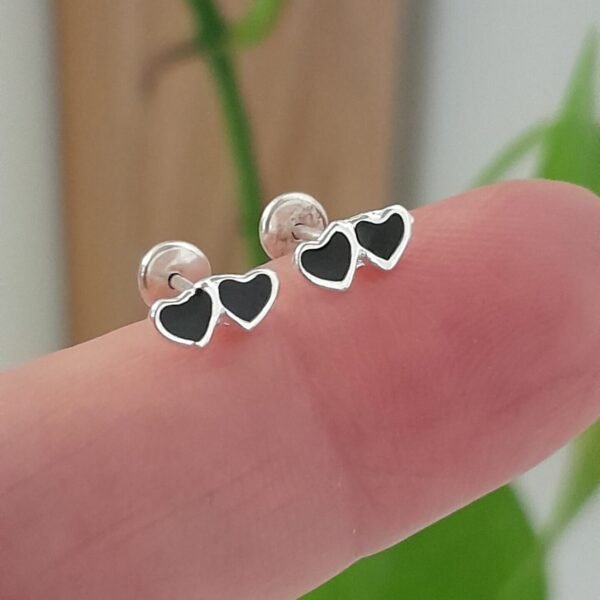 Aros Abridores Esmaltado Corazón doble Negro – Plata 925