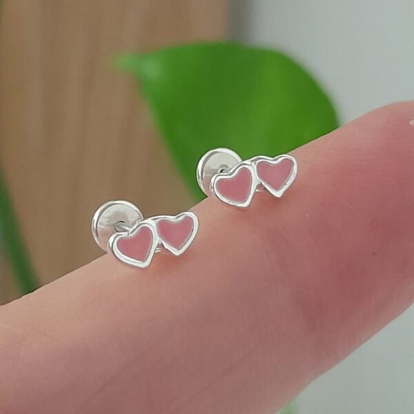Aros Abridores Esmaltados Corazón doble Rosa - Plata 925