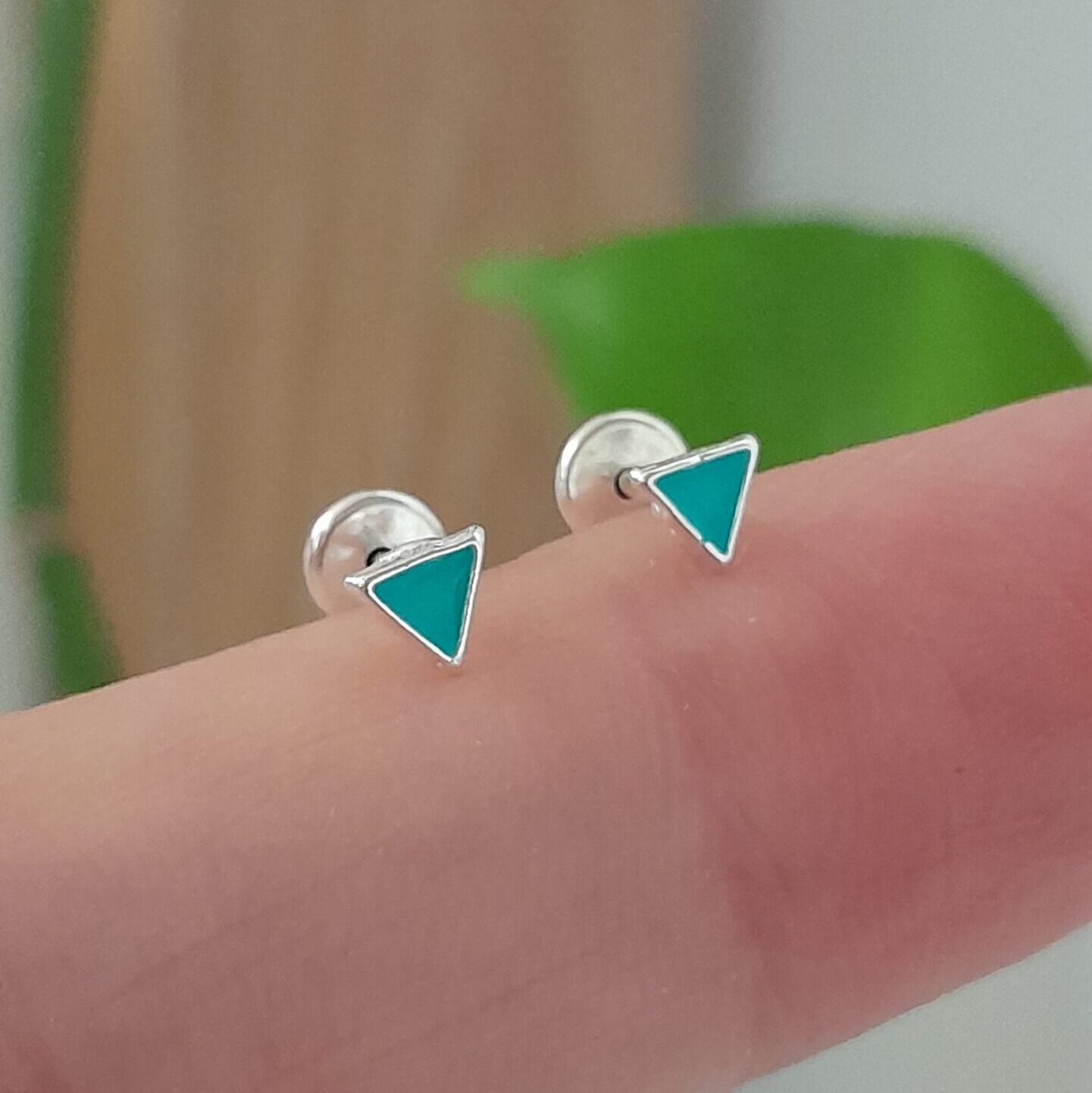 Aros Abridores Esmaltados Triangulo Verde Agua - Plata 925