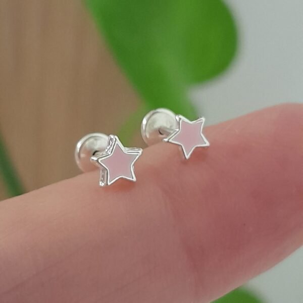 Aros Abridores Estrella Esmaltado Rosa Pastel - Plata 925