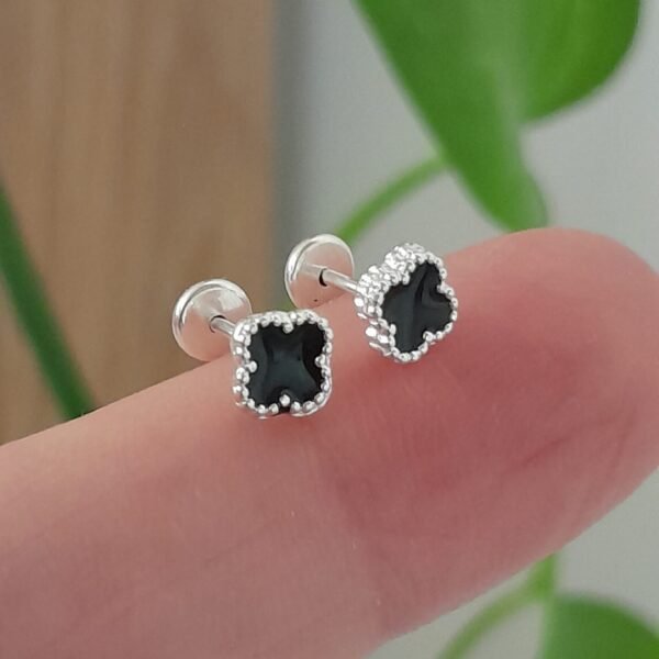 Aros Abridores Trébol Negro Esmaltados - Plata 925