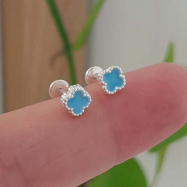 Aros Abridores Esmaltados Trébol Celeste- Plata 925