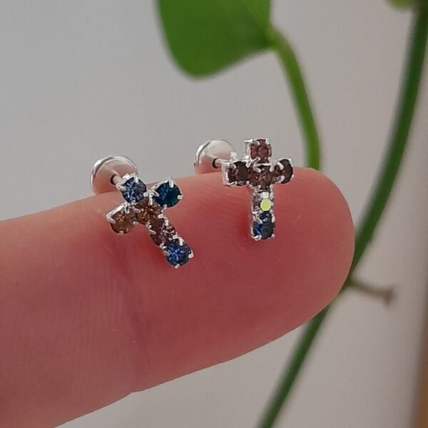 Aros Abridores mini cruz azul rojo brillo – Plata 925