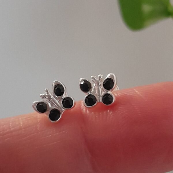 Aros Abridores brillo mariposa negro mini – Plata 925