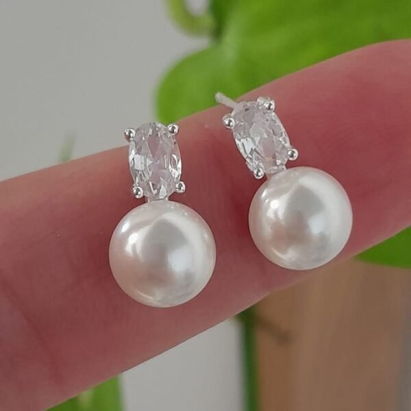 Aros pasante diseño colgante perla y piedra cristal - Plata 925