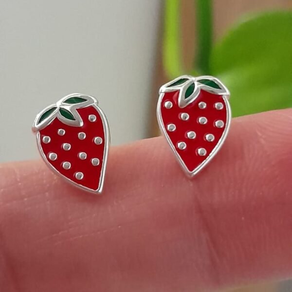 Aros pasante diseño esmaltado frutillas - Plata 925