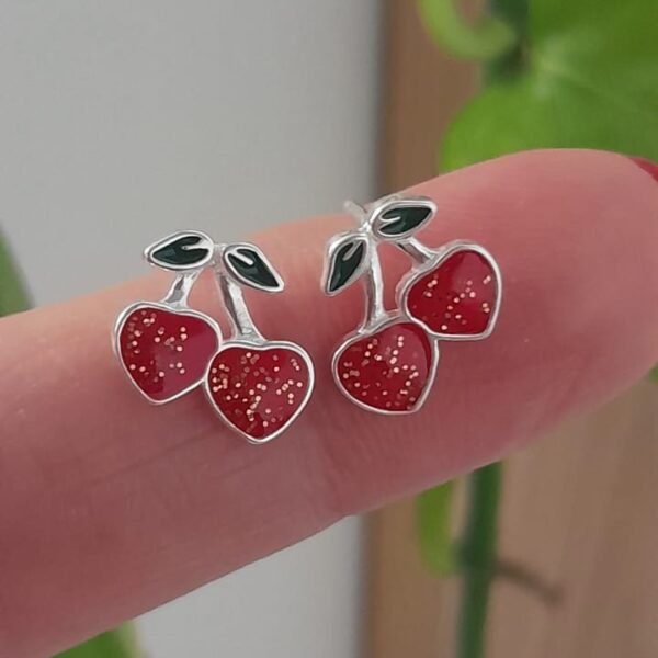 Aros pasante diseño esmaltado cerezas - Plata 925