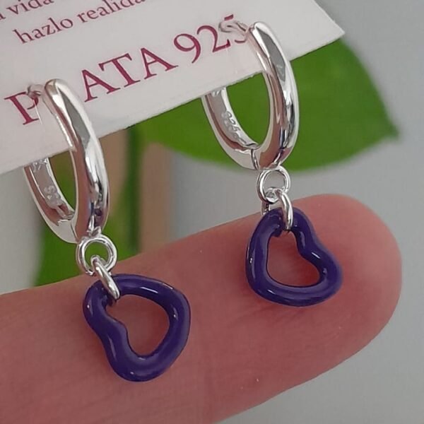 Aros cierre huggies argollas con corazon colgante azul - Plata 925