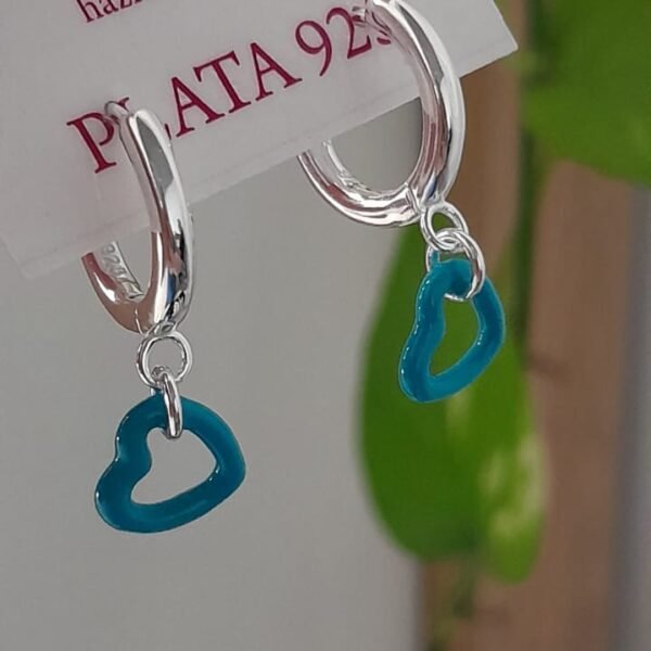 Aros cierre huggies argollas con corazon colgante turquesa - Plata 925