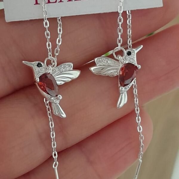 Aros cadena colibrí con piedra rubí - Plata 925