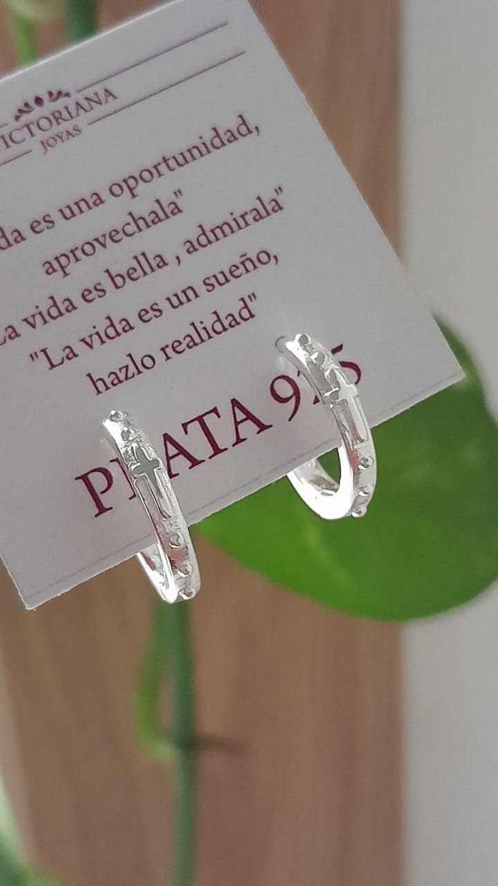 Aros argollas lisas mini cruz - Plata 925