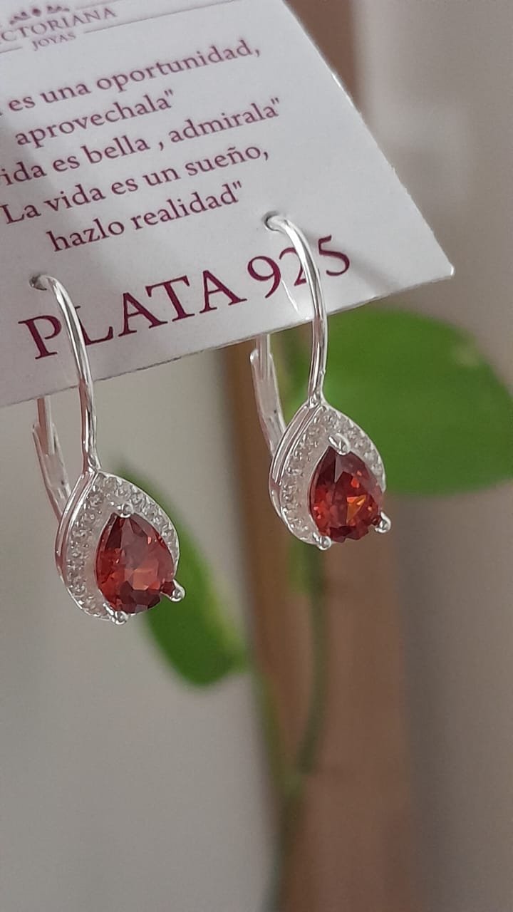 Aros cierre brizura colgante con piedra roja - Plata 925