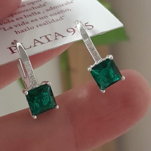 Aros cierre brizura piedra verde cuadrado - Plata 925