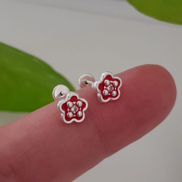Aros abridores esmaltados mini flores rojas - Plata 925
