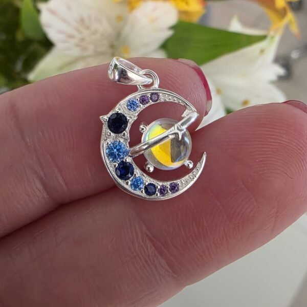 Luna cubic azul y saturno piedra luna-dije italiano