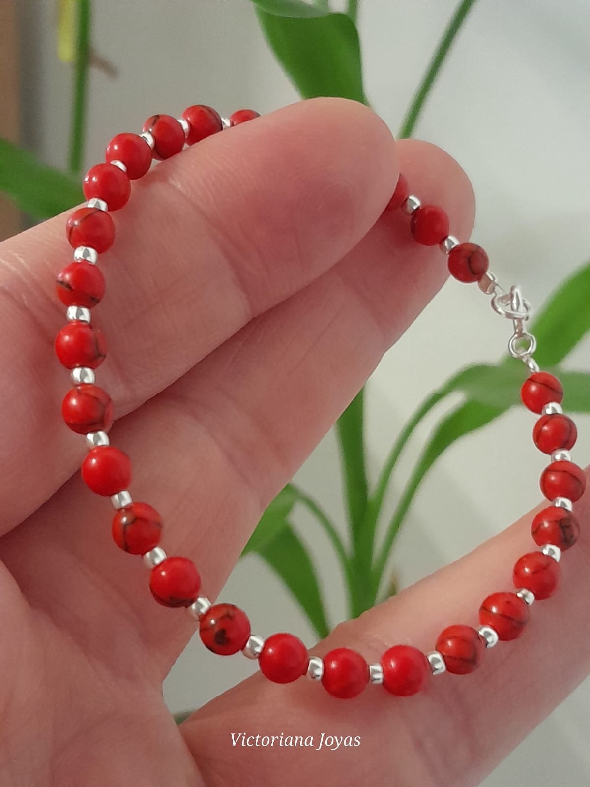 Pulsera italiana piedra natural howlita roja